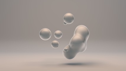 Poster - 3D rendering of pearl drops on a white background. Drops of white liquid in space and weightlessness merge with each other. Abstract, futuristic design isolated on white background.