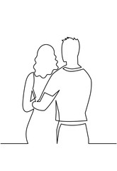 Sticker - Romantic relationship continuous one line drawing. Romance, young couple in love hug one another vector art