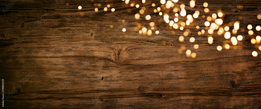 Christmas lights on old wood - obrazy, fototapety, plakaty 