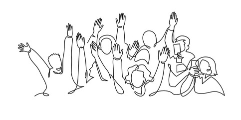 Cheerful crowd cheering illustration. Hands up. Group of applause people continuous one line vector drawing.