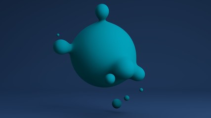 Poster - 3D rendering of blue liquid, not transparent. The big sphere merges with the small. The composition of futuristic design on a dark reflective background. Idea for desktop background images.