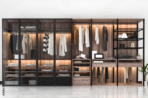 Fotografía 3d rendering minimal scandinavian walk in closet with wood wardrobe