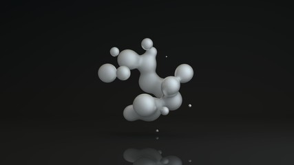 Poster - 3D rendering of luminous droplets on a black background. Drops of white liquid in space and weightlessness merge with each other. Abstract, futuristic design isolated on black, reflective background.