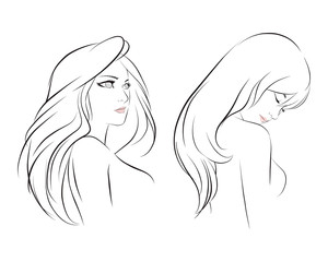 Wall Mural - girl face long hair portrait isolated on white background. hand drawn vector illustration