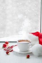 Winter Cozy Hot Chocolate In Front Of Window, Snow, Sweater. Lazy Weekend, Love, Comfort