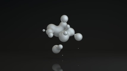 Poster - 3D rendering of luminous droplets on a black background. Drops of white liquid in space and weightlessness merge with each other. Abstract, futuristic design isolated on black, reflective background.