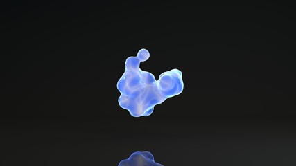 Poster - 3D rendering of luminous droplets on a black background. Drops of blue liquid in space and weightlessness merge with each other. Abstract, futuristic design isolated on black, reflective background.