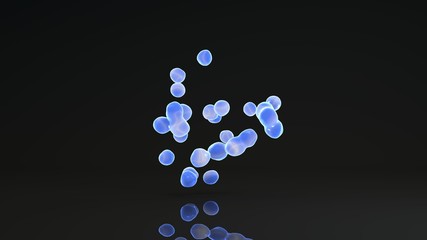 Poster - 3D rendering of luminous droplets on a black background. Drops of blue liquid in space and weightlessness merge with each other. Abstract, futuristic design isolated on black, reflective background.