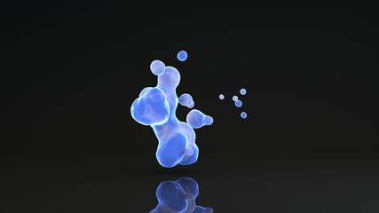 Poster - 3D rendering of luminous droplets on a black background. Drops of blue liquid in space and weightlessness merge with each other. Abstract, futuristic design isolated on black, reflective background.
