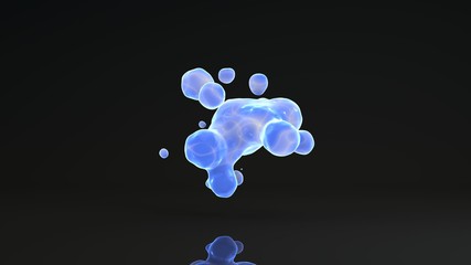 Poster - 3D rendering of luminous droplets on a black background. Drops of blue liquid in space and weightlessness merge with each other. Abstract, futuristic design isolated on black, reflective background.