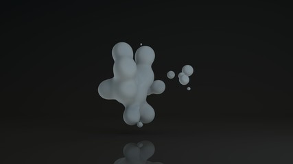 Poster - 3D rendering of luminous droplets on a black background. Drops of white liquid in space and weightlessness merge with each other. Abstract, futuristic design isolated on black, reflective background.