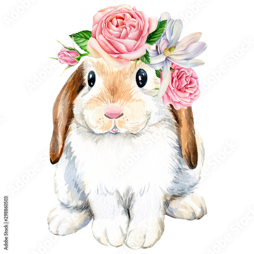 Cuadros en Lienzo poster, cute bunny with roses flowers on an isolated white background, animals i