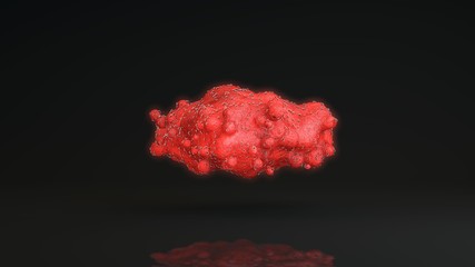 Poster - 3D rendering of a cloud of many drops of red liquid, blood cells. the drops are covered with black dots of viruses. The idea of health and medicine.