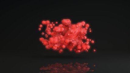Poster - 3D rendering of a cloud of many drops of red liquid, blood cells. the drops are covered with black dots of viruses. The idea of health and medicine.