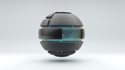Poster - 3D rendering of a large metal sphere consisting of many segments. Inside the sphere is a large transparent ball with an iridescent surface, liquid. Element of futuristic design, geometric abstraction.