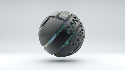 Poster - 3D rendering of a large metal sphere consisting of many segments. Inside the sphere is a large transparent ball with an iridescent surface, liquid. Element of futuristic design, geometric abstraction.
