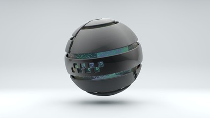 Poster - 3D rendering of a large metal sphere consisting of many segments. Inside the sphere is a large transparent ball with an iridescent surface, liquid. Element of futuristic design, geometric abstraction.