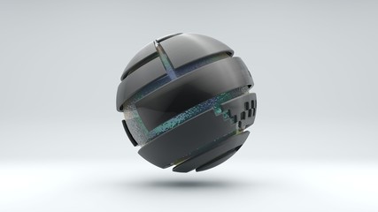 Poster - 3D rendering of a large metal sphere consisting of many segments. Inside the sphere is a large transparent ball with an iridescent surface, liquid. Element of futuristic design, geometric abstraction.
