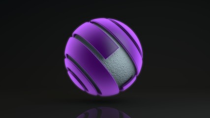 Poster - 3D rendering of a large purple sphere consisting of many segments. Inside the glowing sphere is a metal ball with a corrugated surface, a liquid. Element of futuristic design, geometric abstraction.