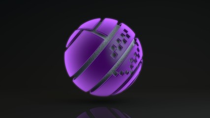 Poster - 3D rendering of a large purple sphere consisting of many segments. Inside the glowing sphere is a metal ball with a corrugated surface, a liquid. Element of futuristic design, geometric abstraction.