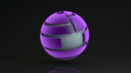 Poster - 3D rendering of a large purple sphere consisting of many segments. Inside the glowing sphere is a metal ball with a corrugated surface, a liquid. Element of futuristic design, geometric abstraction.