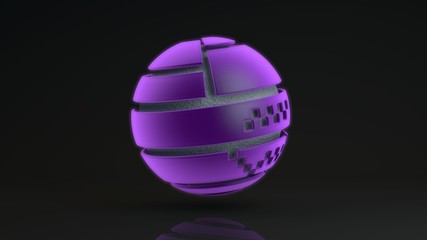 Poster - 3D rendering of a large purple sphere consisting of many segments. Inside the glowing sphere is a metal ball with a corrugated surface, a liquid. Element of futuristic design, geometric abstraction.