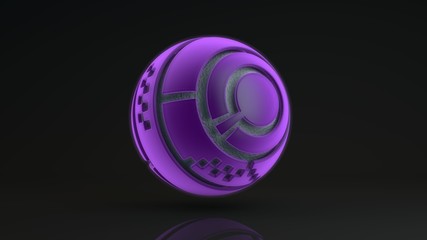 Poster - 3D rendering of a large purple sphere consisting of many segments. Inside the glowing sphere is a metal ball with a corrugated surface, a liquid. Element of futuristic design, geometric abstraction.
