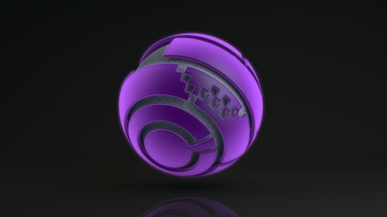 Poster - 3D rendering of a large purple sphere consisting of many segments. Inside the glowing sphere is a metal ball with a corrugated surface, a liquid. Element of futuristic design, geometric abstraction.