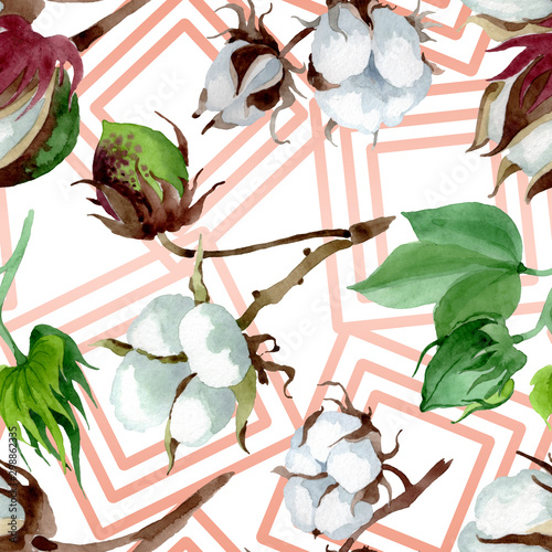 Fototapeta do kuchni White cotton floral botanical flower. Watercolor illustration set. Seamless background pattern.