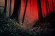 mysterious red light in dark scary forest, dark fantasy landscape