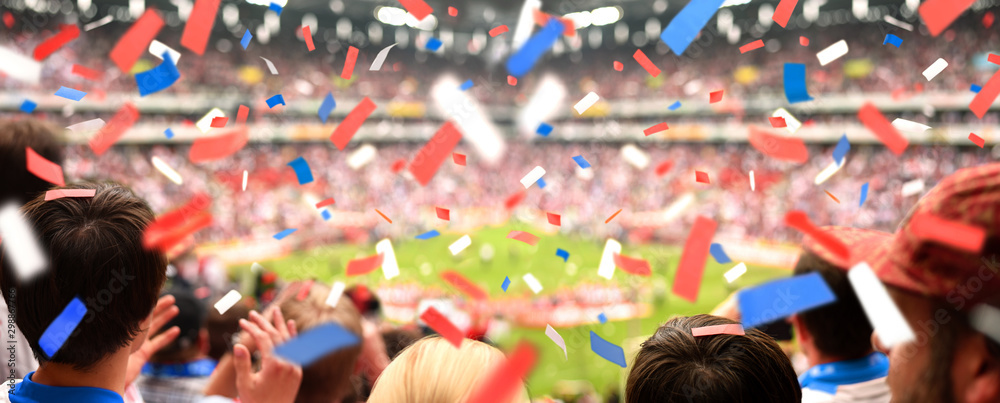 Fussball-Stadion mit applaudierenden Fans & Konfetti - obrazy, fototapety, plakaty 