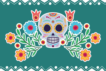 Sticker - dia de los muertos card with head skull and flowers