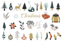 Collection Of Vintage Merry Christmas And Happy New Year Flowers. Vector Illustration With Floral Elements, Leaves.Perfect For Winter Decoration