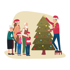 Wall Mural - family members celebrating christmas with pine tree