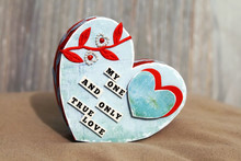 Paper Blue Scrapbooking Handmade Heart Shaped Box Decorated With A Red Ribbon With Leaves, Various Hearts And A Romantic Inscription