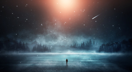 Wall Mural - futuristic night landscape. dark forest, river, mountains, reflection of night, moonlight on the wat