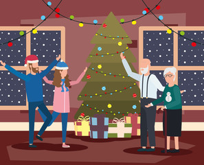 Wall Mural - family members celebrating christmas with pine tree