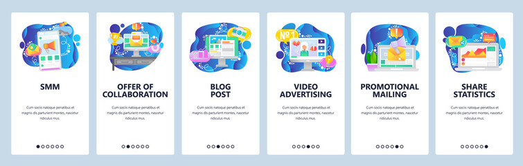 Wall Mural - mobile app onboarding screens. digital media marketing, business analytics, video promotion and adve