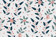 New Year Pattern With Holly Berry. Vector Background. Christmas Seamless Pattern For Greeting Cards, Wrapping Papers. Hand Drawn Illustration.