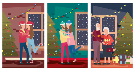 Wall Mural - set of scenes family members celebrating christmas