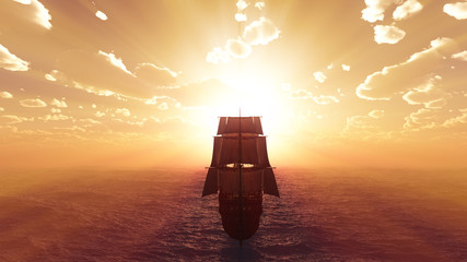 old ship sunset at sea