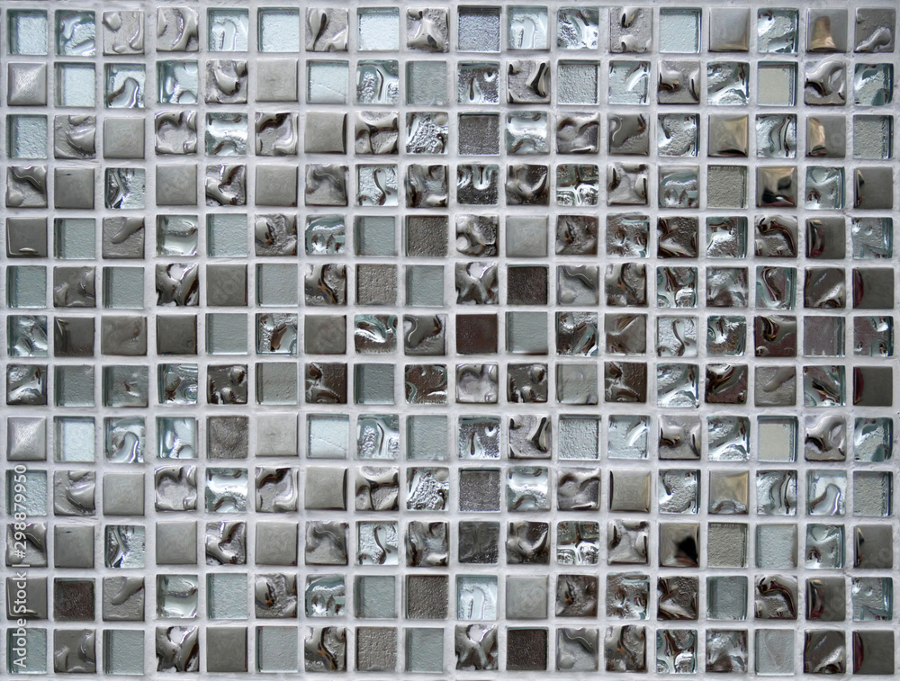 Shiny silver mosaic wall texture background. - obrazy, fototapety, plakaty 