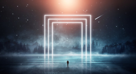 Wall Mural - futuristic night landscape. dark forest, river, mountains, reflection of night, moonlight on the wat