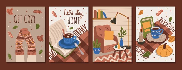 Get cozy, lets stay home autumn cards set vector illustration. Autumn templates with cup of hot beverage and book at home. Leisure with literature and mug flat style design