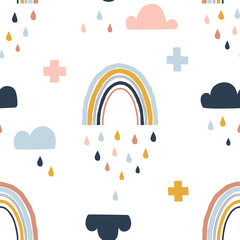 Wall Mural - Seamless abstract pattern with hand drawn rainbows, rain drops, clouds and criss-cross. Creative scandinavian childish background for fabric, wrapping, textile, wallpaper, apparel. Vector illustration