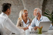 © Drazen - Happy senior couple talking to each other while having meeting with financial advisor.