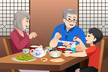 Sticker - Chinese Kid Eating With His Grandparents Illustration