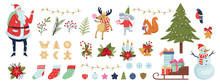 Cute Christmas Icon Set. Collection Of New Year Decoration Stuff.