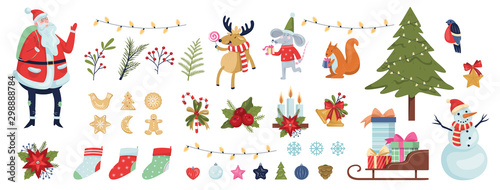 Cuadros en Lienzo Cute christmas icon set. Collection of new year decoration stuff.
