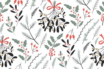 Hand drawn floral winter seamless pattern with christmas tree branches and berries. Vector illustration background.